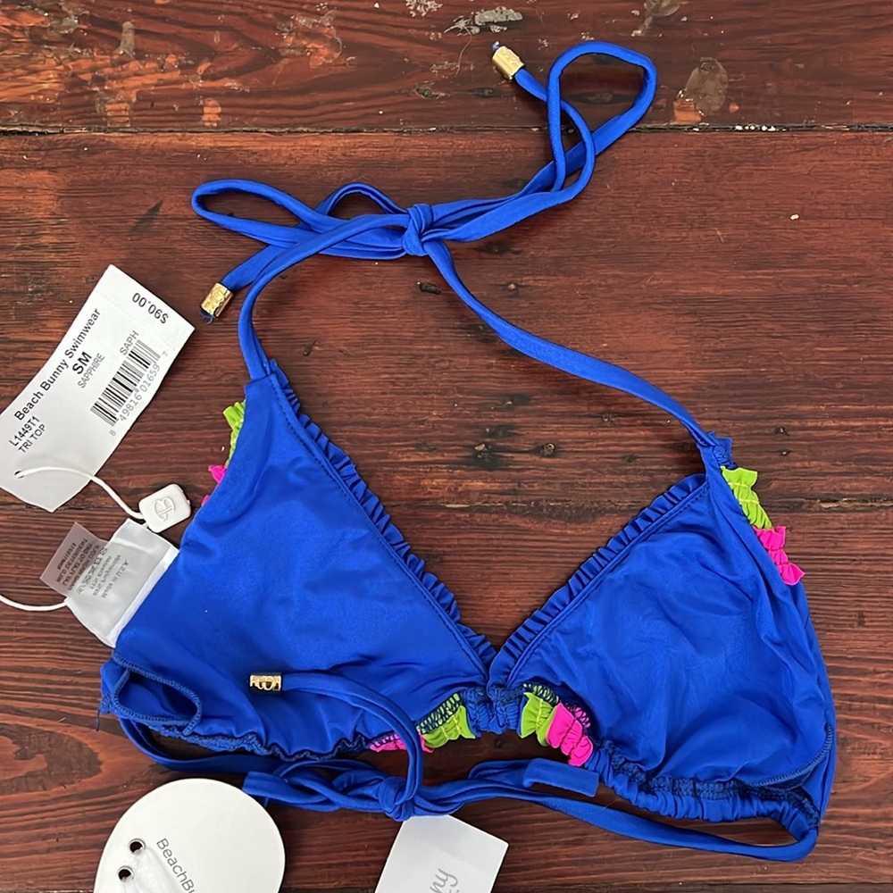 Adorable Blue with Green and Pink Ruffles Bikini Gold Hardware NWT S - Picture 8 of 12